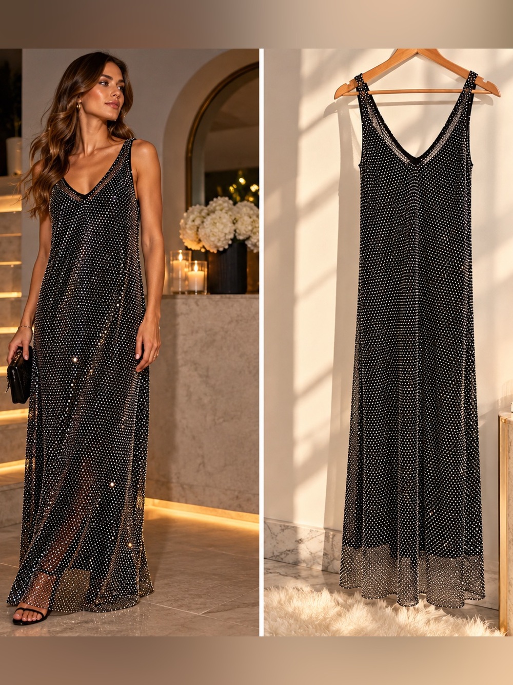 ZARA Black Rhinestone Maxi Dress Size XS – Sparkly Evening Dress